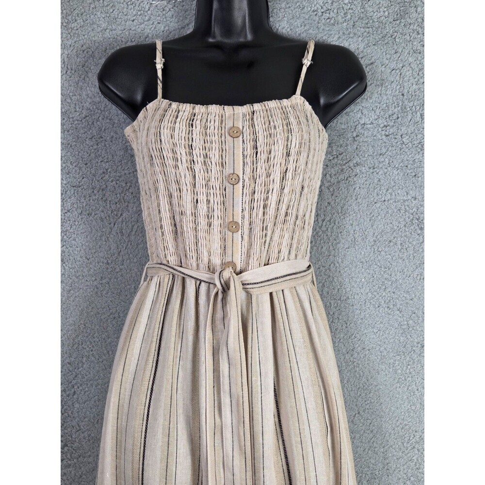 Womens Linen Blend Jumpsuit Sz L Wide Leg Striped Earth Tones Beige Belted Gauze - Picture 2 of 7